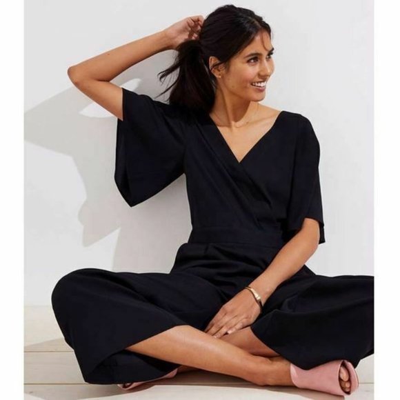 LOFT Pants - LOFT Black Faux Wrap Flare Sleeve Cropped Jumpsuit